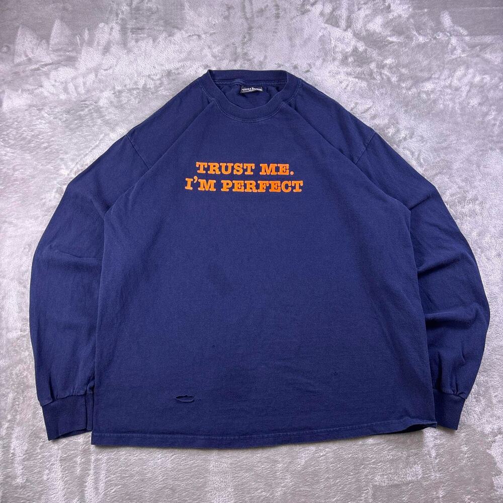 Vintage Y2K Trust Me I’m Perfect Long Sleeve Shirt Men’s XL Navy Blue